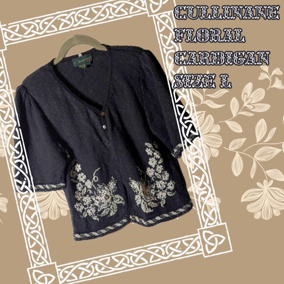 Vintage Cullinane Dark Blue & White Floral Embroidered Cardigan Sweater, Size L - Picture 1 of 7